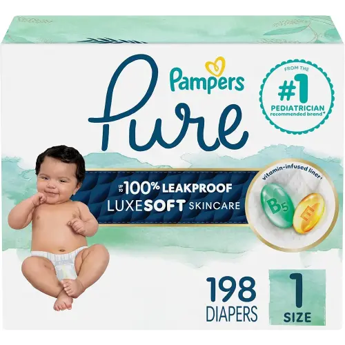 Pampers Pure Protection Baby Diapers, Size 1 (8-14 lbs), 198 Count, Up to 100% Leakproof, Premium Plant-Based Skin Protection, Hypoallergenic Soft Diapers