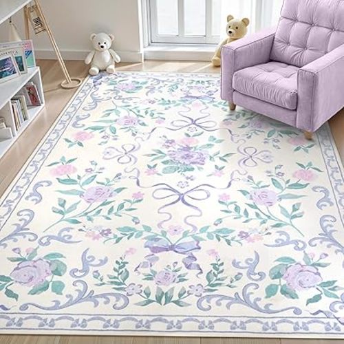 Collive 6x9 Purple Area Rug, Boho Bow and Floral Rugs for Living Room Machine Washable, Soft Ultra-Thin Bow Carpet Non Slip for Girls Room Bedroom Entryway Playroom