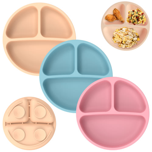 Evjurc 3Pack Suction Toddler Plates 7.48 Inch Divided Toddler Plates 100% Food Grade Silicone Baby Plates 3 Compartments Baby Suction Dishware Plate Safe Grip Dishes for Toddlers Self Feeding Training