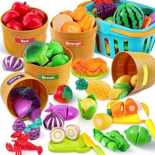 69pcs Color Sorting Play Food Set - Learning Toys For Boys & Girls, Cutting Food Toy, Kitchen Accessories For Kids, Sorting /fine Motor Skills Toy