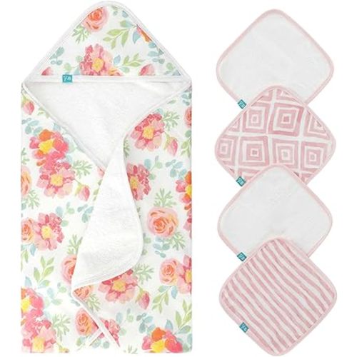 Featherhead™ 5-Piece 100% Cotton Muslin Hooded Bath Towel & Washcloths Set for Baby Girl - Ultra Soft and Extra Absorbent - Newborn Essential & Perfect Baby Registry Gift (Garden Floral)