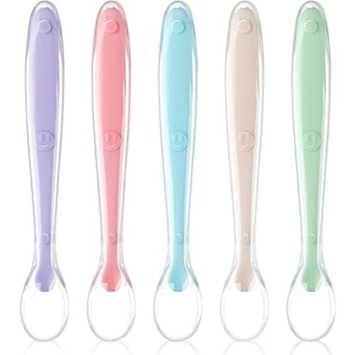Vicloon Baby Silicone Spoons, 5 PCS Baby Training Feeding Spoons for First Stage 4 Months Toddlers, Infants Utensils Feeding Supplies, Soft Tip BPA Free Gum-Friendly Dishwasher Boil-Proof