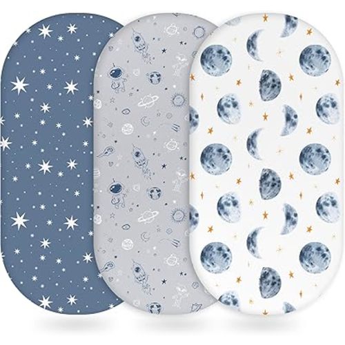 Baby Bassinet Sheets Girl Boy, Fitted Bassinet Sheet Set 3 Pack Bassinet Mattress Sheets Universal Fit for Rectangle, Round, Oval, Hourglass Mattress, Soft Breathable Grey & Blue Moon