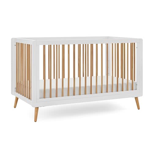 Albert Baby Tatum 3-in-1 Convertible Baby Crib, White and Natural with Natural Legs, Converts to Toddler Bed and Day Bed, Fits Standard Full-Size Crib Mattress, 4 Adjustable Mattress Base