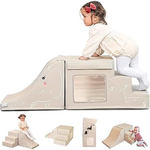 LORAIA® Non-toxic foam climbing blocks for toddlers -Large vegan leather baby climbing blocks - High-end soft play set w/TOP fasteners & baby slide - Climbing toys for toddlers 1-3 inside (Sand/Beige)
