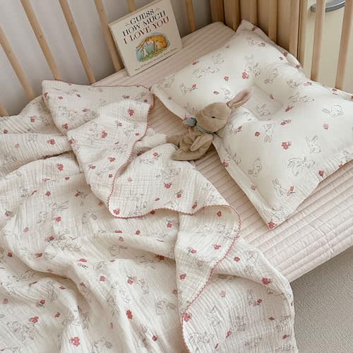 BuLuTu Baby Blankets for Girls Soft Lightweight Muslin Cotton Toddler Blanket Baby Quilts 4 Layer Gauze Cotton Nursery Blankets Crib Quilt,Bunny Pattern,47"x51"