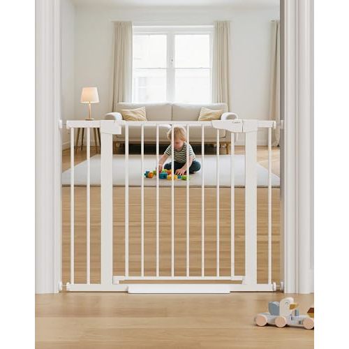 Cumbor 29.7-40.6" Baby Gate for Stairs, Mom's Choice Awards Winner-Dog Gate for Doorways, Pressure Mounted Auto-Close Pet Gates for Dogs Indoor, Safety Child Gate with Easy Walk Thru Door, White