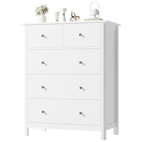HOUSUIT White Dresser with 5 Drawers, Tall Chest of Drawers, 5 Drawer Dresser with Deep Space, Wood Storage Cabinet for Living Room, Hallway, Office, White