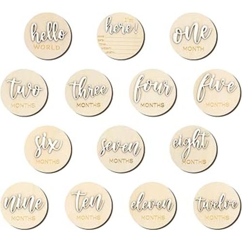 7Pack 3D Baby Months Signs Wooden Months Baby Milestone Double Sided Baby Monthly Milestone Cards 10cm Round Hello World Baby Milestone for New Parents Gift Set Newborn Infants 0-12 Months Growth Reco