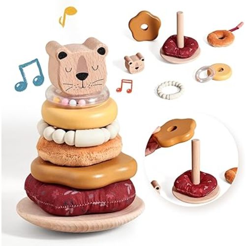 Baby Stacking Rings Toy, 8-Layer Lion Wooden & Plush Stacker, Silicone Teether Bracelet, Rattle Ring, Montessori Educational Toy for Early Learning Gift
