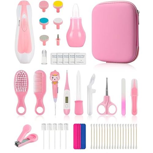 Baby Grooming and Healthcare Kit, Portable Baby Safety Care Set with Hair Brush Comb Nail Clipper Nasal Aspirator for Nursery Newborn Infant Girl Boy (27 in 1, Pink)
