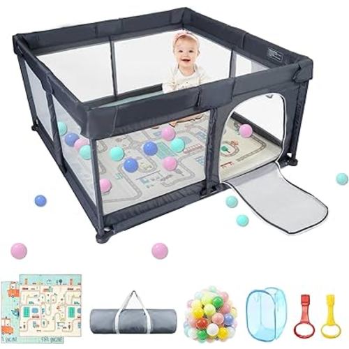 Baby Mat Playpen 50"x50", Portable for Indoor Outdoor, Sturdy Safety PlayYard with Soft Breathable Mesh, Anti-Fall. Grey