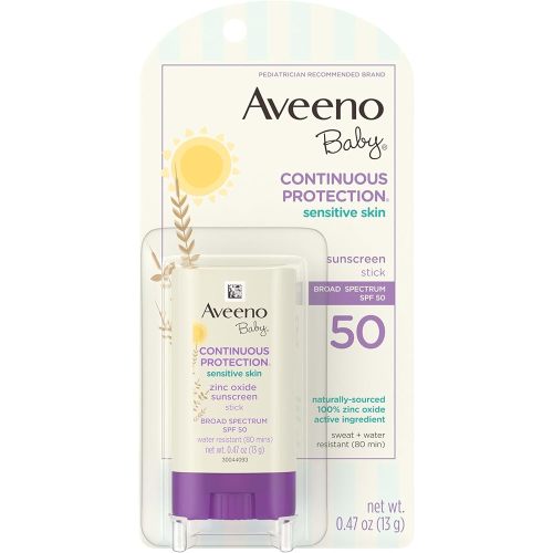 Aveeno Baby Continuous Protection Mineral Sunscreen Stick for Sensitive Skin with Broad Spectrum SPF 50 Protection for Face & Body, Naturally Sourced 100% Zinc Oxide, Travel Size, 0.47 oz