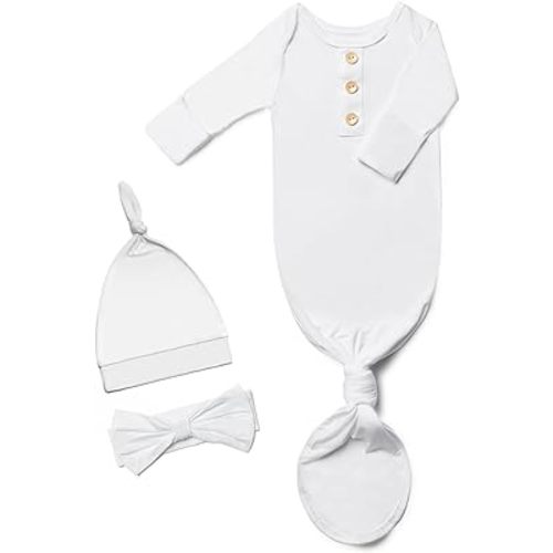 Super Soft Newborn Baby Knotted Gown Set with Hat, Bow, and Mittens - Perfect for Newborn Boys and Girls