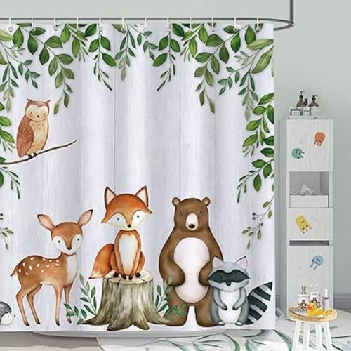 Bonhause Woodland Animals Shower Curtain for Kids Forest Animal Green Leaves Decorative Bath Curtain 72 x 72 Inch Polyester Fabric Waterproof Bathroom Curtain with 12 Hooks
