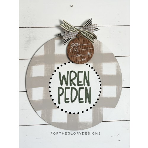 circle hospital door hanger for boys // beige plaid + sage green // simple, classic // nursery name sign // custom name sign