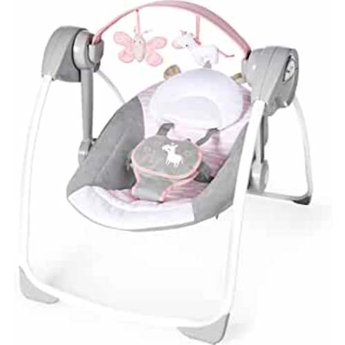 Ingenuity Comfort 2 Go Compact Portable 6-Speed Cushioned Baby Swing with Music, Folds Easy, 0-9 Months 6-20 lbs (Pink Flora the Unicorn)