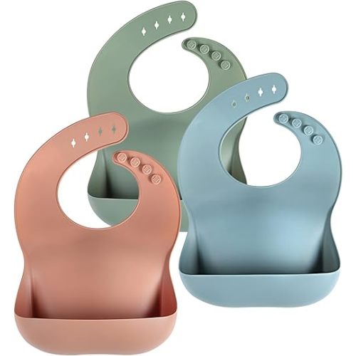 Silicone Baby Bibs for Babies & Toddlers Set of 3, BPA Free Unisex Soft Adjustable Fit Waterproof Feeding Bibs