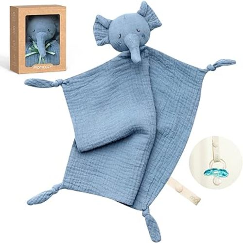 Momcozy Elephant Loveys for Babies with Cotton - Soft Security Blanket for Boy or Girl for Self-Soothing On-The-Go-Portable & Anti-Drop Design - Newborn Gift，Must Have（Blue 14 inch）