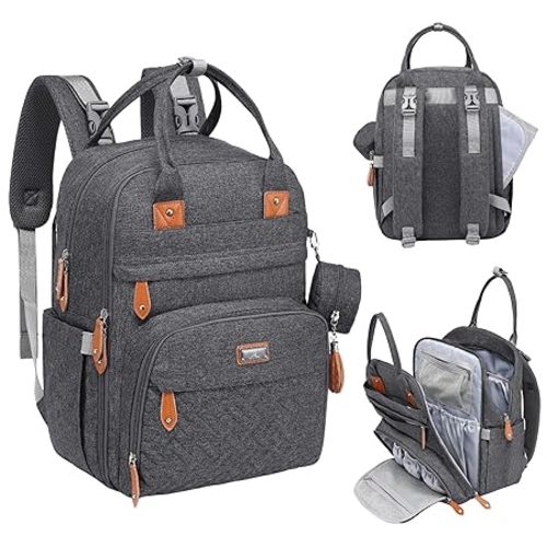 BabbleRoo Diaper Bag Backpack - Baby Essentials Travel Tote - Multi Function Water Resistant Diaper Bag, Travel Essentials Baby Bag with Changing Pad, Stroller Straps & Pacifier Case - Dark Gray