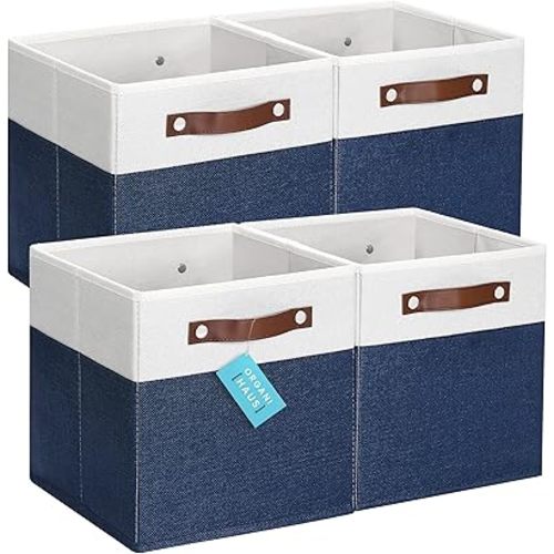 OrganiHaus 28x28cm 4 Pack Cube Storage Bin, Fabric Storage Bins, Cube Storage Organizer Bins, Kallax Organizer Storage Basket, Closet Storage Bin, Panier de Rangement, Bac de Rangement Navy Blue/White