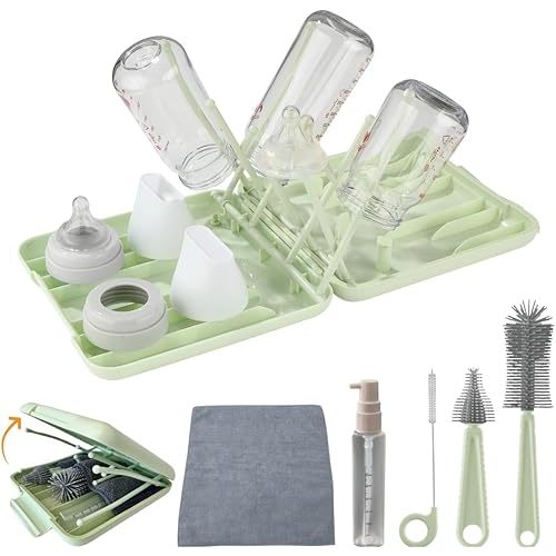 7in1 Travel Bottle Cleaner Kit: Baby Travel Essential - Bottle Brush Set with Silicone Bottle Brush, Straw Brush, Nipple Brush, Soap Dispenser - Bottle Cleaning Brush Set, Bottle Drying Rack (Green)
