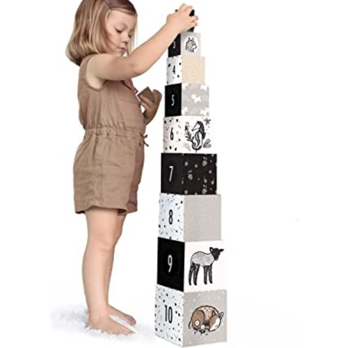 Wee Gallery Nesting Blocks - Baby Animals and Numbers - Black and White Stacking and Building Toy for Toddlers and Kids - Motor Skills, Creative Play and Problem Solving for Children (Ages 2 and up)