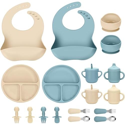 Silicone Baby Feeding Set, 18PCS Baby Led Weaning Supplies, Eating Essentials Utensils with Suction Plate and Bowl, Adjustable Silicone Bib, for 6+ Months (Blue+Beige)