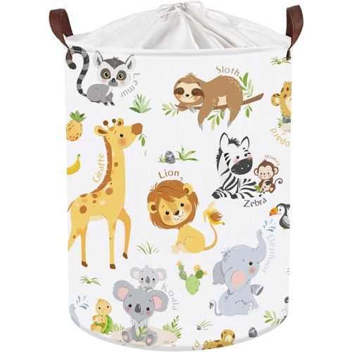 Clastyle Large Alphabet Animal Hamper for Nursery Kid Room Giraffe Lion Boy Girl Laundry Basket with Handle Elephant Collapsible Zebra Clothes Toy Storage Basket with Lid