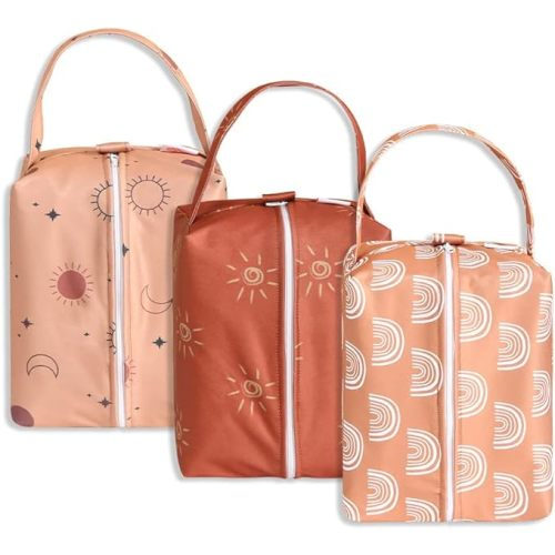 Lmbabter Baby Diaper Wet Dry Bag - 3PCS Diaper Organizer Nappy Pouch Water- resistan Diaper Pod ,Gym /Travel Bag (Brown)