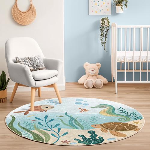 Underwater Ocean Kids Round Rug - Sea Life Playroom Carpet - Marine Theme Nursery Floor Mat - Seahorse and Turtle Circle Rug