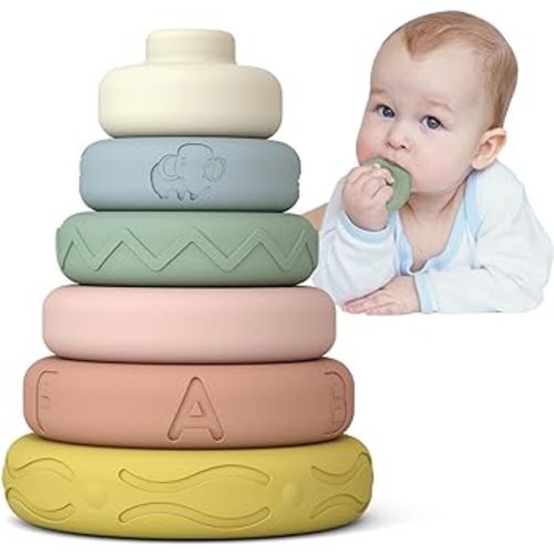 Mini Tudou 6 PCS Baby Stacking & Nesting Toys, Soft Stacking Blocks Ring Stacker, Baby Sensory Teether Toys with Letter, Animal and Shape, Early Learning Toys for Babies Toddlers Kids 6 Months