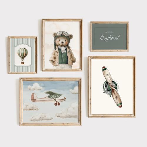 Teddy Bear Green Gallery, Boy Sage Green Nursery Prints Set, Vintage Airplane Print, Travel Boy Nursery,  Aviation Kids, Sky Playroom Prints