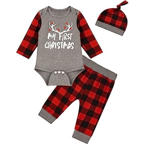 My First Christmas Newborn Baby Boy Girl Outfit Romper Plaid Long Sleeve Clothing