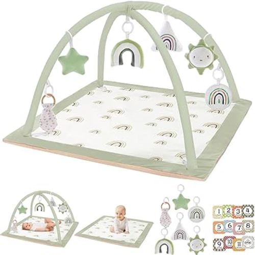 Washable Tummy Time Mat, Baby Play Gym with 6 Featured Toys, Baby Gym for Infant & Toddler, Larger Baby Play Mat, Deluxe Baby Play Mats for Floor, Sensory and Motor Skill Development, Non Slip, Green
