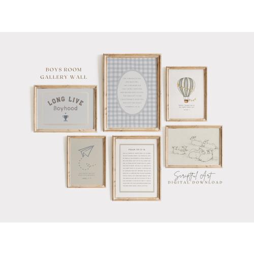 Boys Room Nursery Wall Decor, Set of 6 Christian Wall Art, Long Live Boyhood Toddlers Bible Prints, Psalm 139, Benediction, Digital Download
