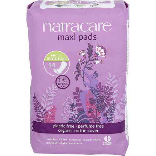 Natracare Natural Traditional Style Maxi Pads, Regular, Individually Wrapped, Without Wings in Plant-Based Bag (1 Pack, 14 Pads Total)