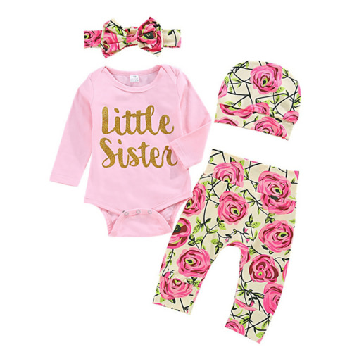 Infant Newborn Baby Girls Little Sister Outfits Romper Bodysuit Tops + Long Pants + Hat + Headband 4Pcs Clothes Set
