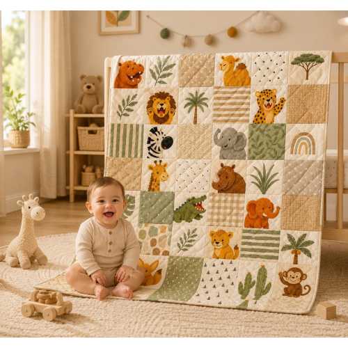 Safari Nursery Quilt Blanket, Jungle Animal Baby Boy Bedding, Neutral Lion Elephant Patchwork Throw, Boho Baby Shower Gift