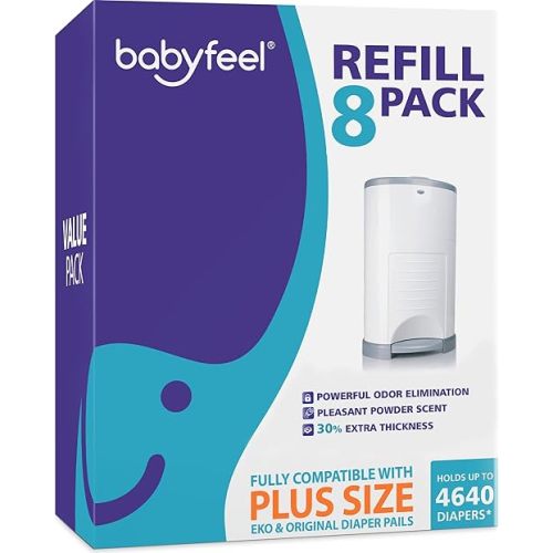 Babyfeel Refills for DEKOR PLUS Diaper Pails, 8 Pack, Exclusive 30% Extra Thickness, Fresh Powder Scent, Holds up to 4640 Diapers