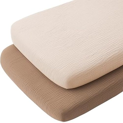 Konssy Muslin Fitted Bassinet Sheets 2 Pack for Baby Girl Boy, Soft Bedside Sleeper Bassinet Sheets Fit for Baby Bassinets, Moses Basket Oval Rectangle Pad/Mattress
