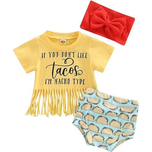 Newborn Infant Baby Girl Outfit 3pcs Letter Print Western Clothes Sets Short Sleeve Tassel T-Shirts Shorts