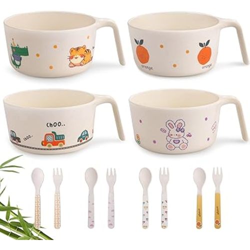 shopwithgreen Bamboo Kids Bowls Set, 4 Reusable Small Bowls for Baby Toddlers, Dinnerware Cereal Snack Soup Rice Bowl with 4 Spoons & Forks, Dishwasher Safe Bamboo Baby Food Bowls, BPA Free, 14.5 OZ