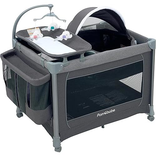 Pamo Babe 4 in 1 Deluxe Nursery Center, Magic Fold Portable Baby Playard with Zipper Gate, Foldable Baby Yard with Changing Table, Detachable Baby Bassinet