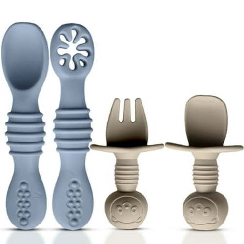 HippoBaby 4pc Baby Led Weaning Set, Baby Feeding Utensils, Toddler Cutlery Set, BPA Free Silicone, Dishwasher and Microwave Safe (Gray/Beige)
