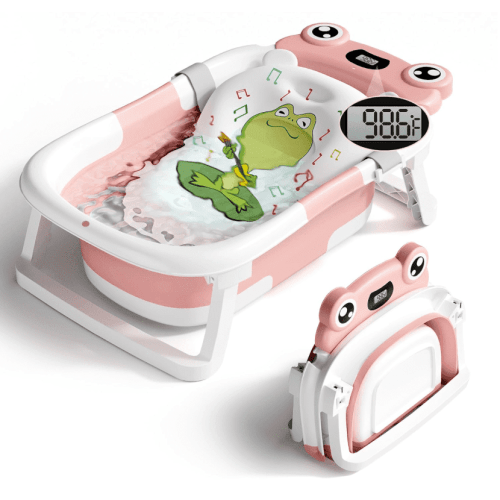 stusgo, Collapsible Baby Bathtub, Pink, with Thermometer