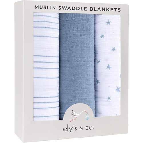 Ely's & Co. Muslin Swaddle Blanket 3-Pack for Baby Boy— 100% Cotton Muslin Extra-Large Swaddle Blankets (47”x 47”) — (Misty Blue Stars│Solid│Stripes)