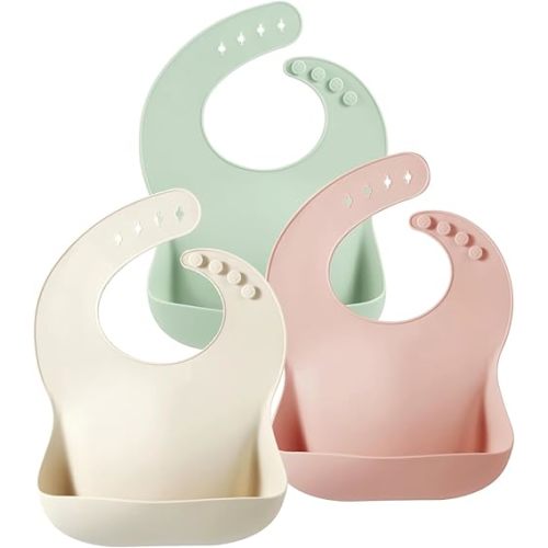 PandaEar Silicone Baby Bibs Set of 3 for Toddlers, BPA Free Waterproof Adjustable Feeding Bib with Large Pocket Food Catcher