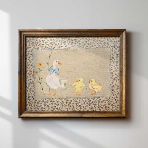 Vintage Mother Duck Print, Digital Downloadable Wall Art, Nursery Art, Vintage Painting, Cottagecore Decor, Printable Wall Art, Horizontal