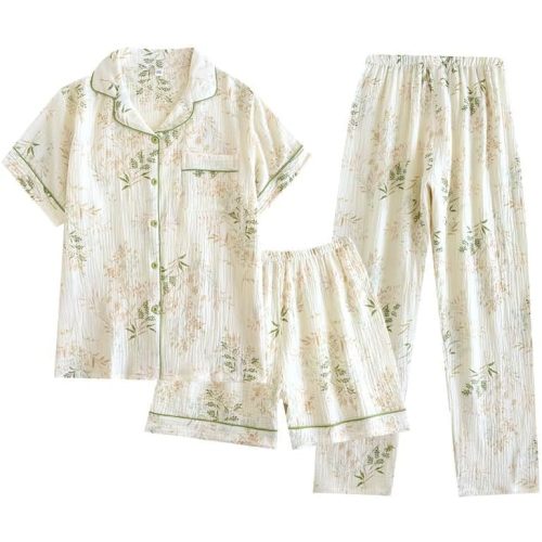 Womens 3pcs Cotton Pajamas Set Short Sleeve Sleepwear Fruit Print Cute Pj Set with Long Pants